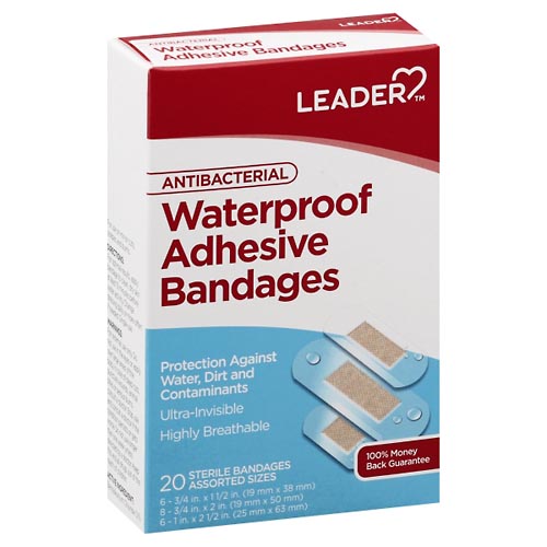 Image for Leader Adhesive Bandages, Antibacterial, Waterproof, Assorted Sizes,20ea from Field Pharmacy LLC