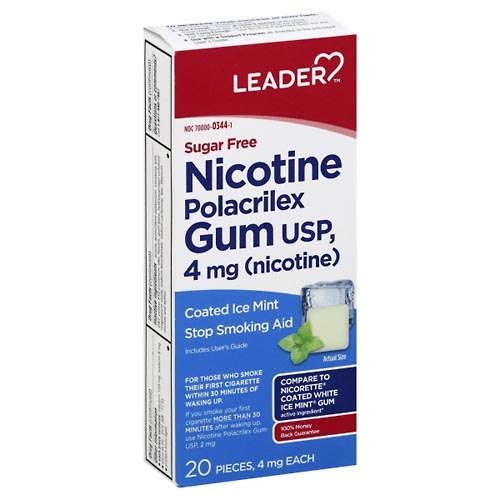 Image for Leader Nicotine Polacrilex Gum, 4 mg, Coated Ice Mint,20ea from Field Pharmacy LLC